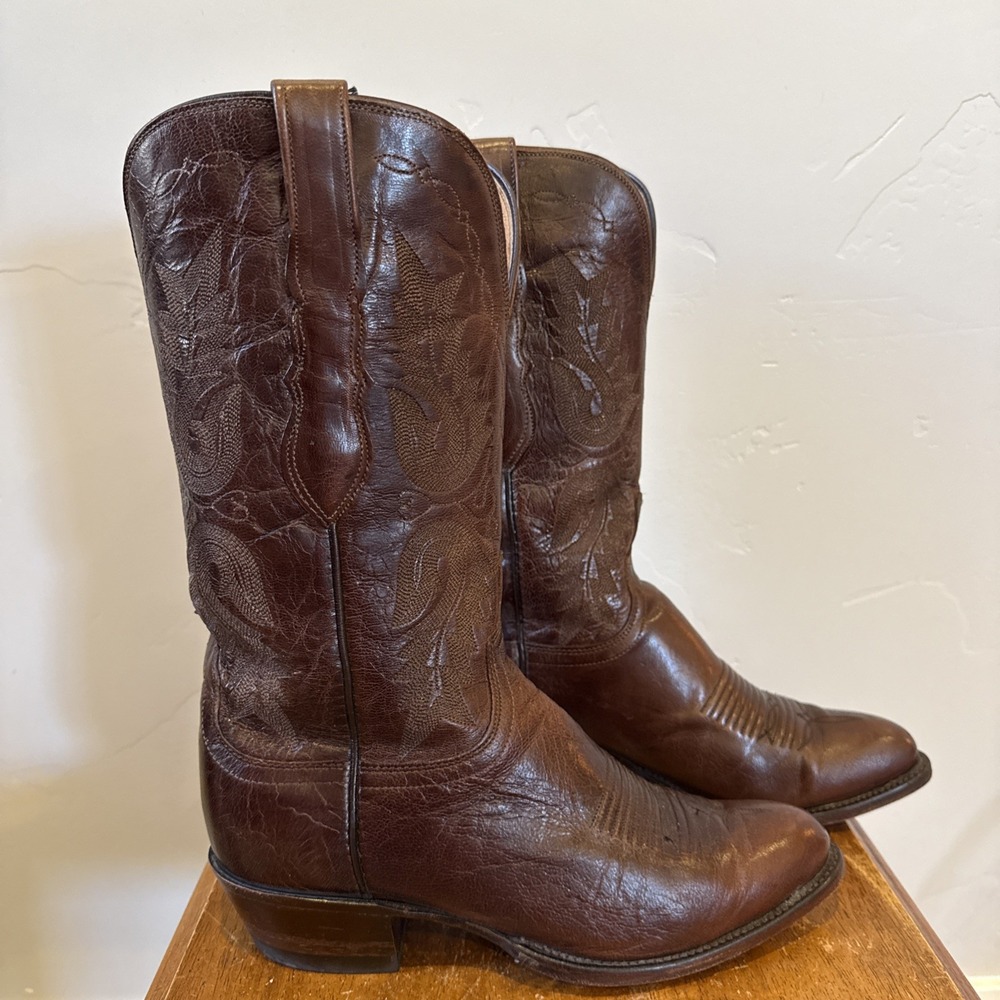 Vintage Lucchese 2000 Cowboy Boots 8 C‎ Antique Brandy Handmade Brown Ostrich